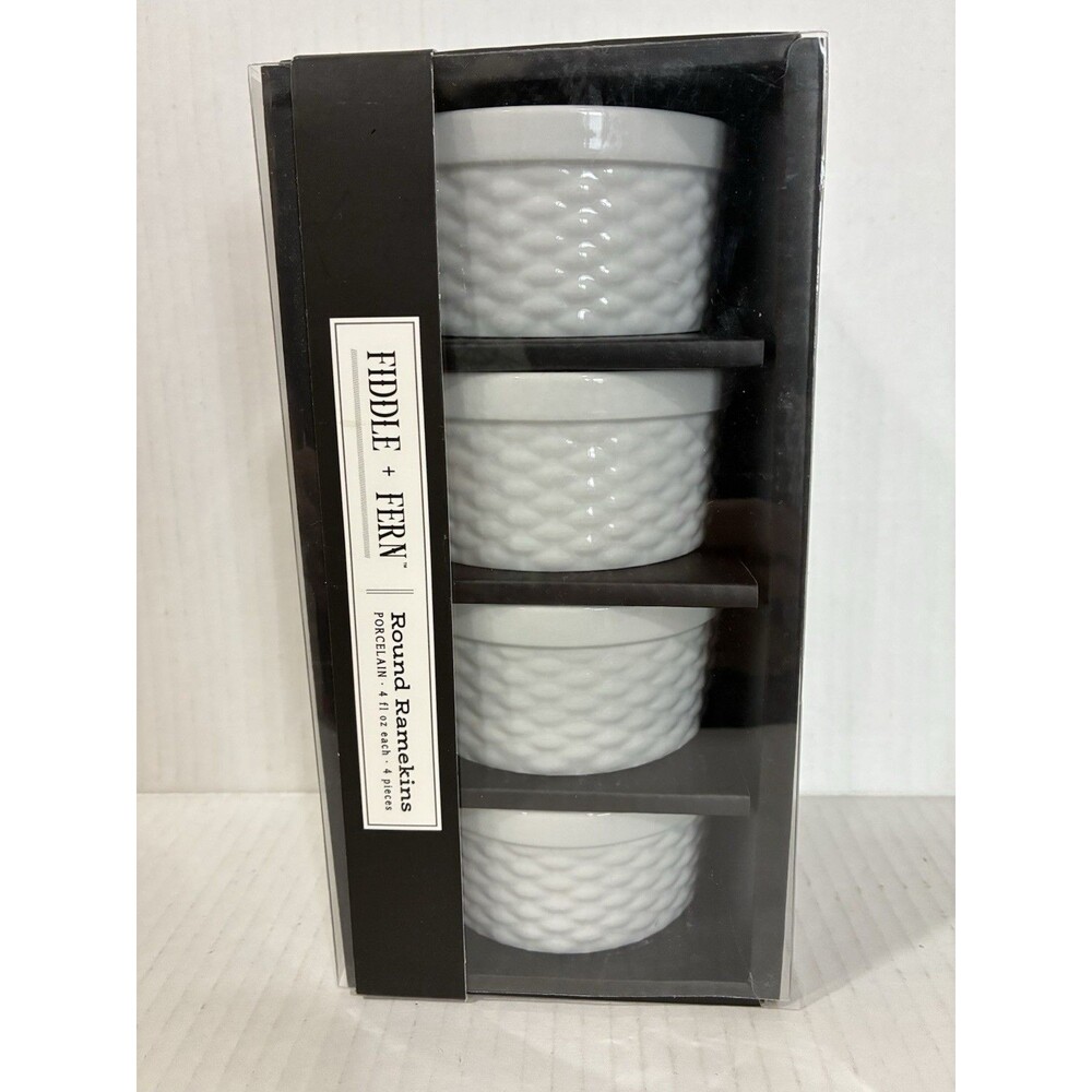 NEW Fiddle and Fern 4 Oz. Honeycomb Round Ramekins 4 Pieces White Porcelain